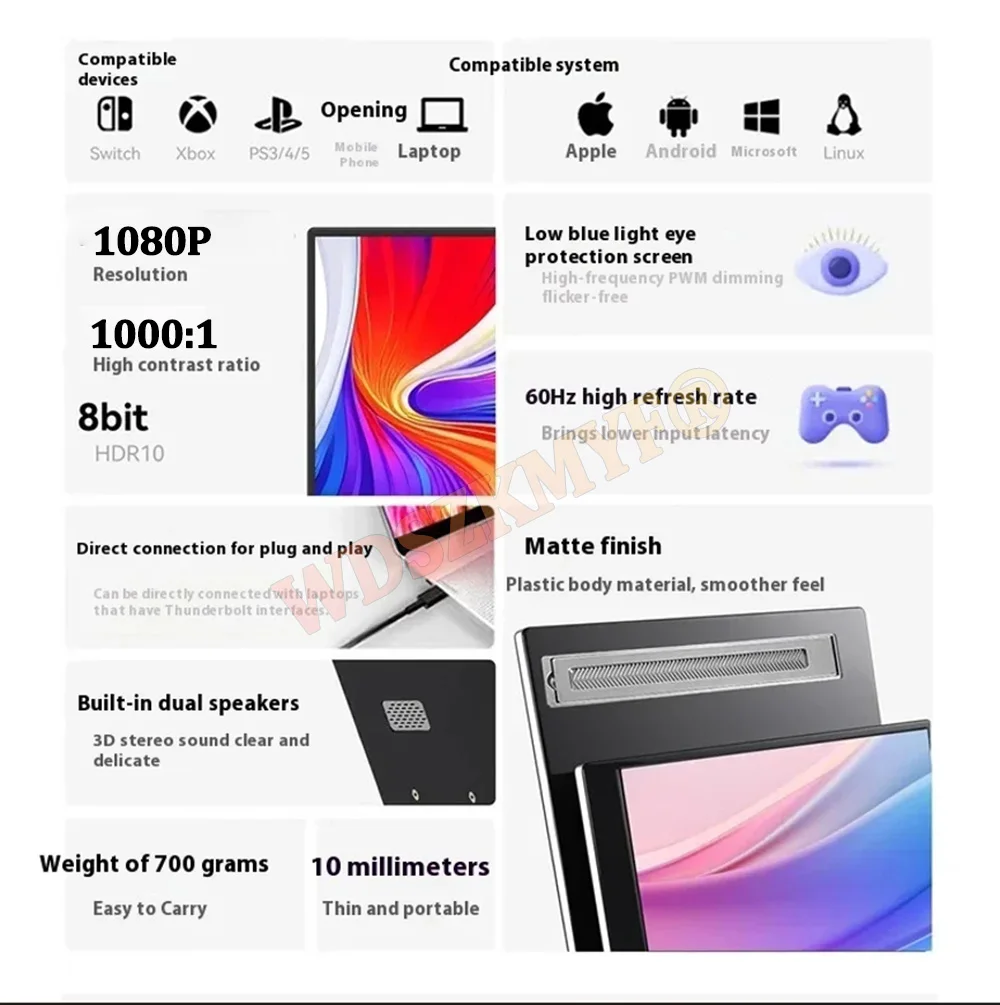 15.6inch Portable Wired/Wireless Monitor WIFI 1080P HDR Low Blue Light For Cell Phone PC Loptop XBox PS4 / 5 Switch Extension