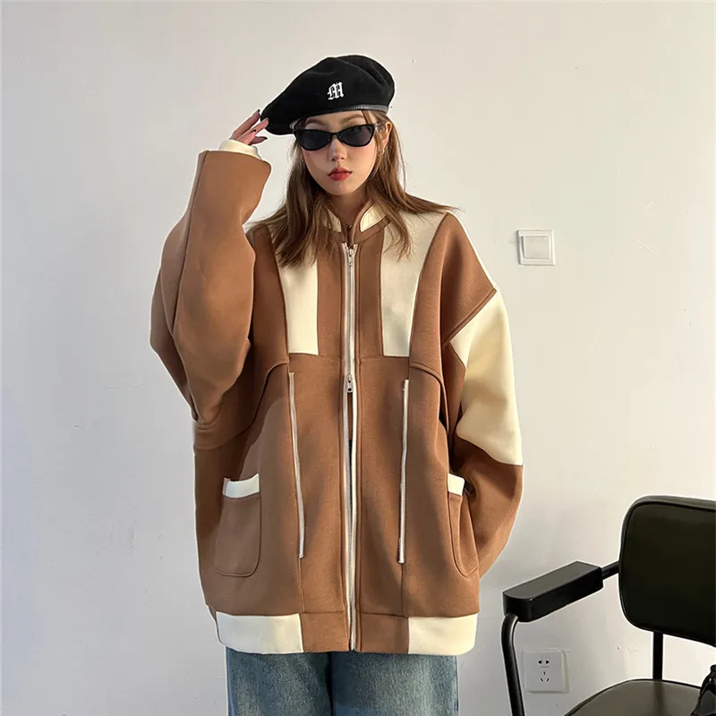 

Spring New Women Loose Zipper Splicing Color Matching Baseball Jacket Streetwear Casual Stand Collar Long Sleeve Bomber Jacket