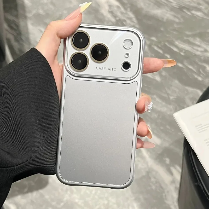 Shockproof Frosted Silver Phone Case with Glass Camera Protection & Bumper Design