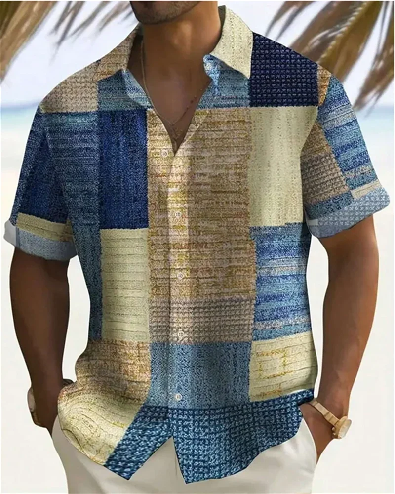 2024 Men's Color Block 3D Printed button-down Lapel Short Sleeve Shirt Large Size 5XL High quality Hawaiian Beach shirt Top summer men s hawaiian set cashew floral 3d printed lapel button shirt beach shorts suit hip hop streetwear casual couple outfits