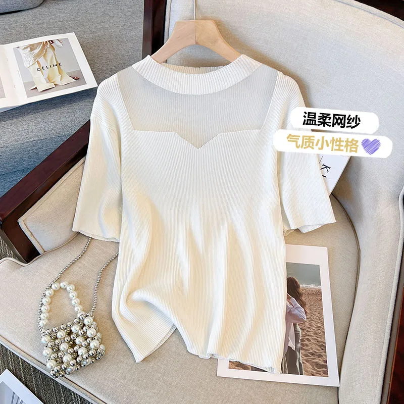 

Knitted Suspender Sweater Top For Women In Spring Summer Of 2023 New Type Of Ear Edge Pullover Hollowed-Out Lace Lining Shirt