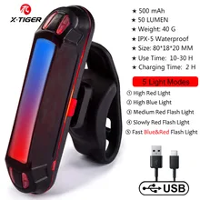  X-Tiger Bicycle Rear Light IPX-5 Waterproof USB Rechargeable LED Safety Warning Lamp Bike Flashing Accessories Cycling Taillight 