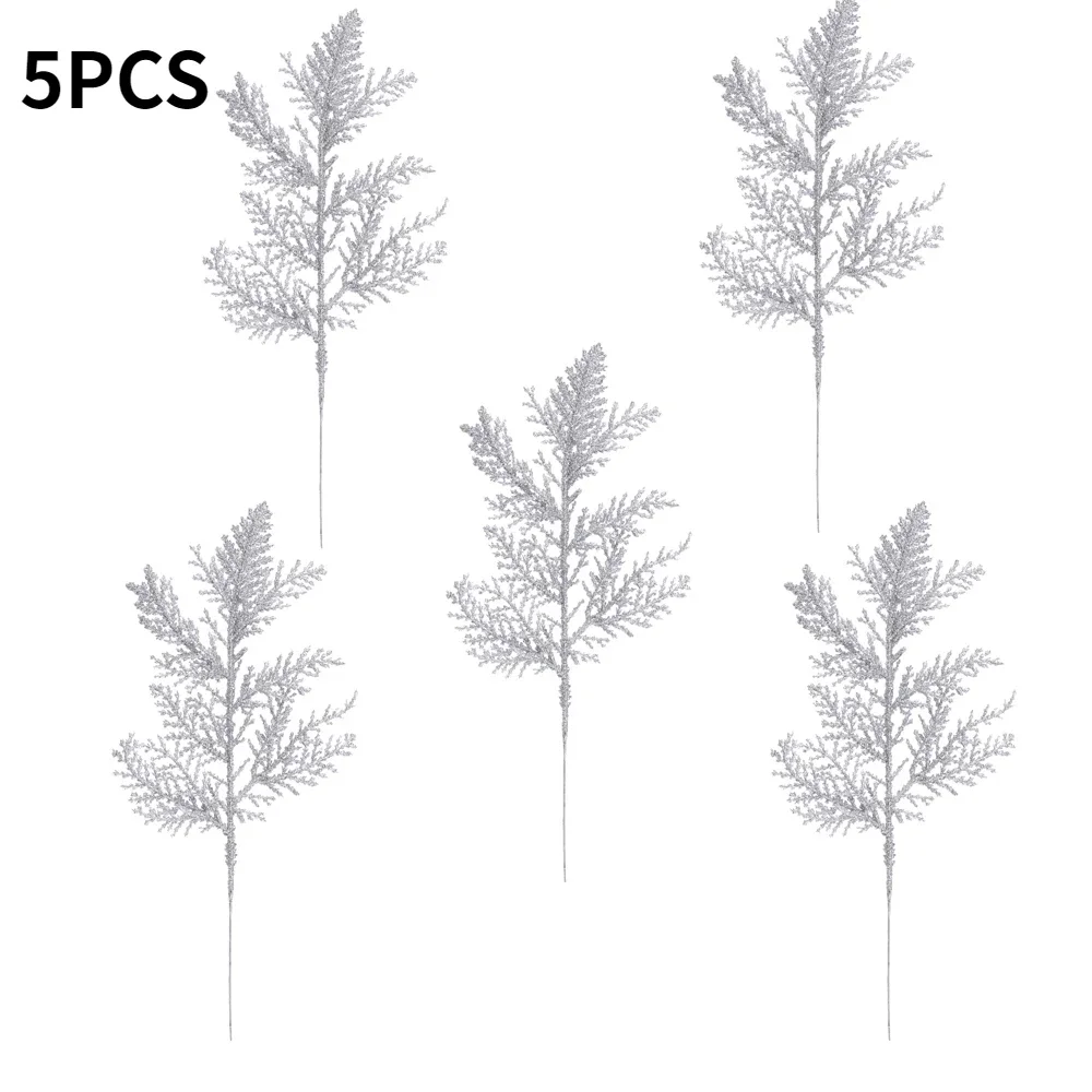 thumbnail image 1 of 10/5 piezas de plantas artificiales, ramas de pino, hojas doradas con purpurina navideña, decoración para árbol de Navidad, colgante para decoración del hogar, 1 of 5