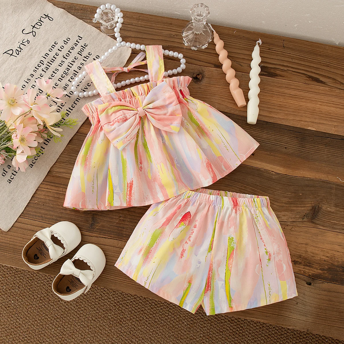 2pc/Set Baby Sets Summer Bow Sling Tie-Dye Style Beach Children's Costume Cute Casual Vacation Children Clothes