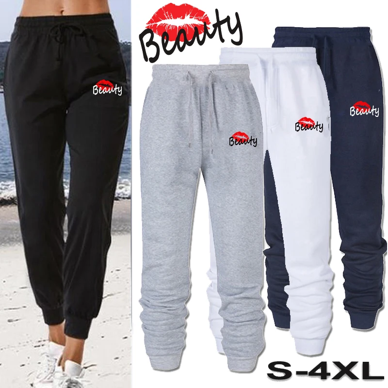 Women Pants Black Jogging Sweatpants Women Beauty Lipstick Print Sports Pants Jogger Sweat Casual Female Trousers Autumn