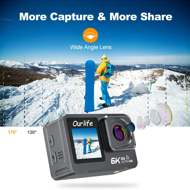 Action Camera 6K 5K 4K60FPS 170° Wide Angle  30M Waterproof Dual Screen Sport Camera EIS Bicycle Helmet Motorcycles Action Cam 5
