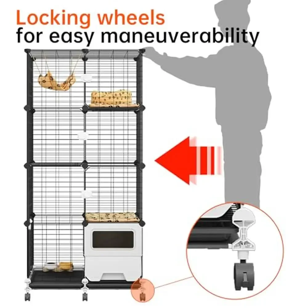Detachable 4-Tier Metal Cat Cage Kennel Playpen with Litter Box Paw-Friendly Surface Easy Cleaning 360-Degree Swivel Locking