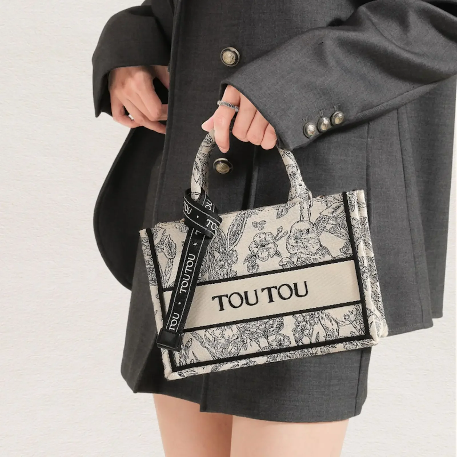 TouTou Vintage Rabbit Pattern Handbag Stylish Letter Scarf Deco Tote Purse Trendy Embroidered Shopping Shoulder Bag for Daily