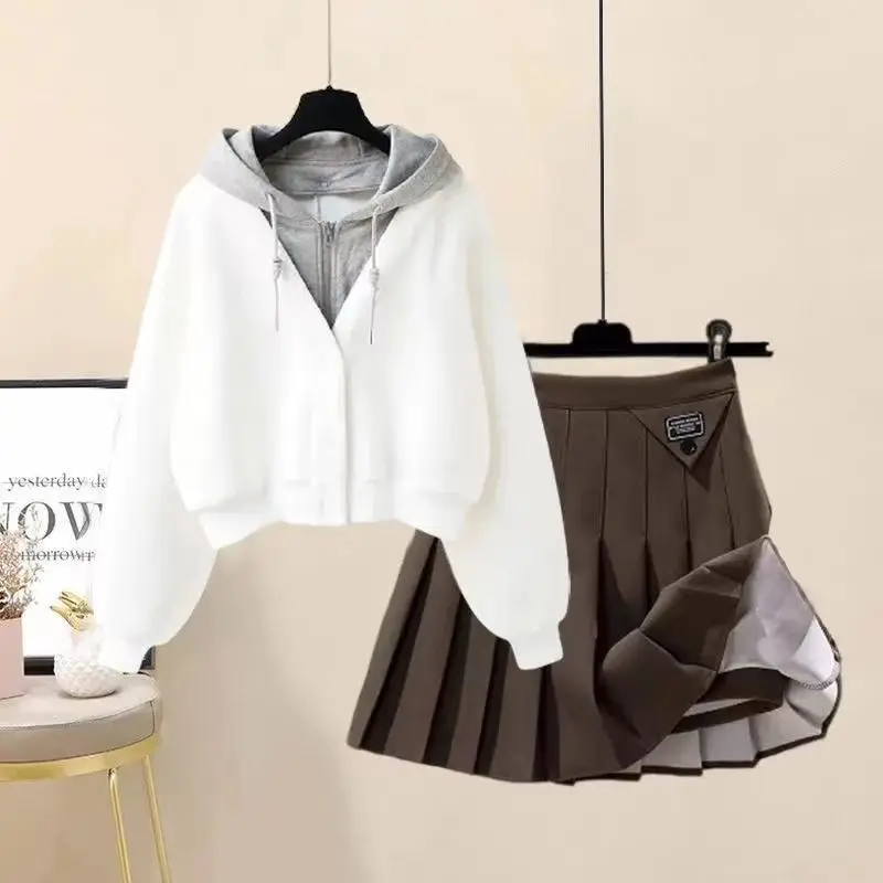 Plush Thickened Casual Long Sleeved Hooded Mini Pleated Skirt Two-piece Set Fashionable Women's Skirt Set 6
