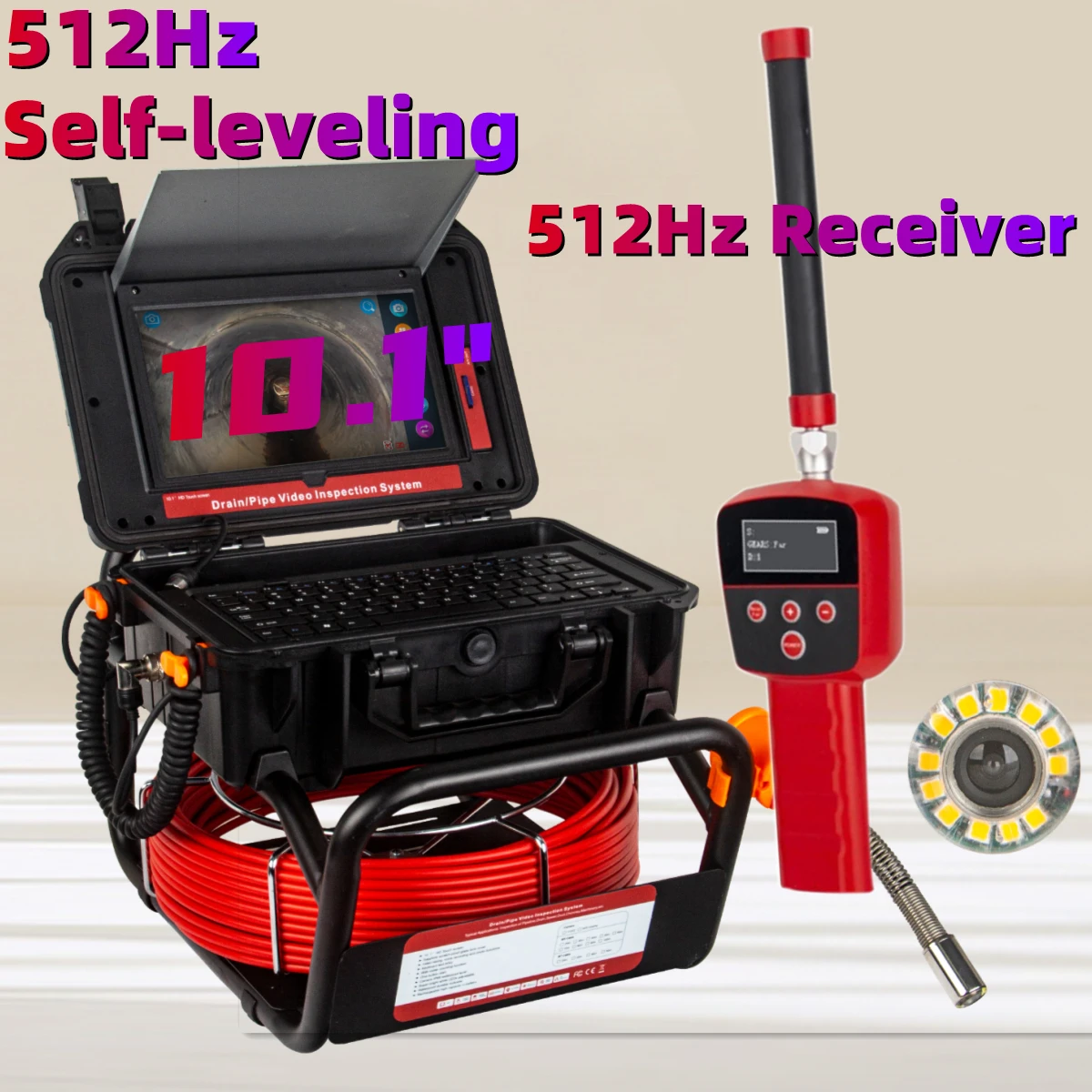 Pipe Inspection Camera 10.1+ Self-Leveling 512HZ Locator+Receiver Video+Audio Recording 8X Image Enlarger+Meter Counter pipe inspection camera 10 1 1080p screen and self leveling 512hz locator video audio recording 8x image enlarge meter counter