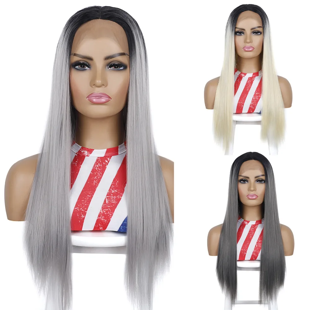 Ombre Blonde Long Silky Straight Synthetic Lace Front Wig Dark Roots Synthetic Wig Glueless Heat Fiber Hair Cosplay Wig