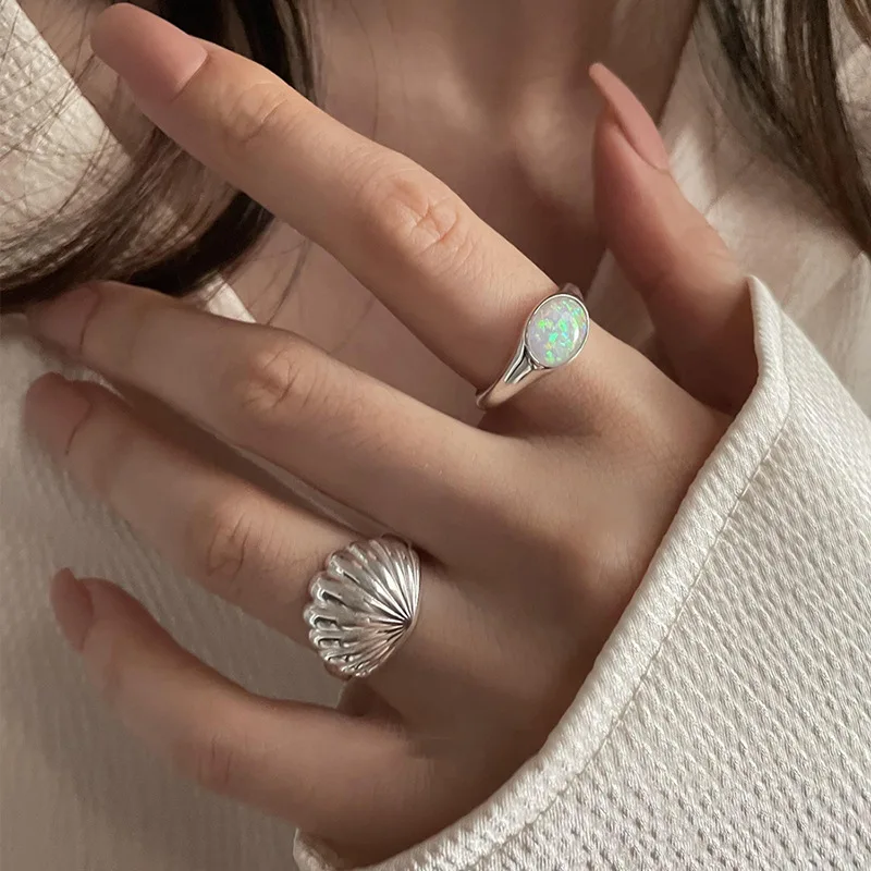 

925 Silver Shell Shape Opal Stone Ring Women's Fashion Personality Versatile High-End Open Ring
