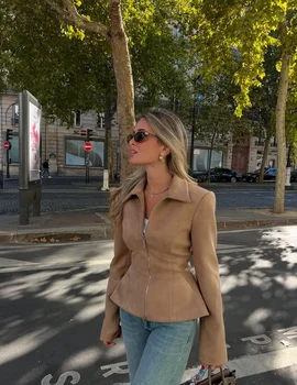 Manteau court vintage pour femme, cintré à la taille, à manches longues, avec fermeture éclair et col à revers, nouvelle collection 2026, vêtement de ville pour femme pour les trajets quotidiens.