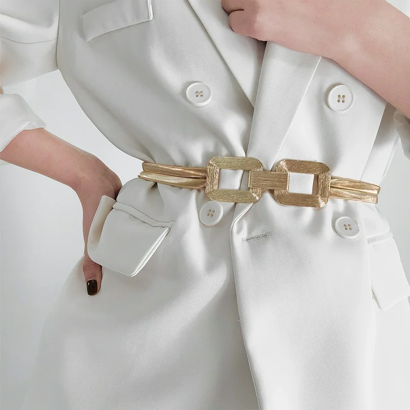 Golden Double-Strand Elastic Women's Fashion Belt with Metal Waist Chain