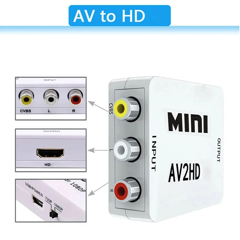 AV-HDMI 호환 변환기 HD 1080P RCA AV-HDMI-컴포지트 CVBS 비디오 오디오 어댑터(PS2/3 DVD-TV용 USB 케이블 포함)