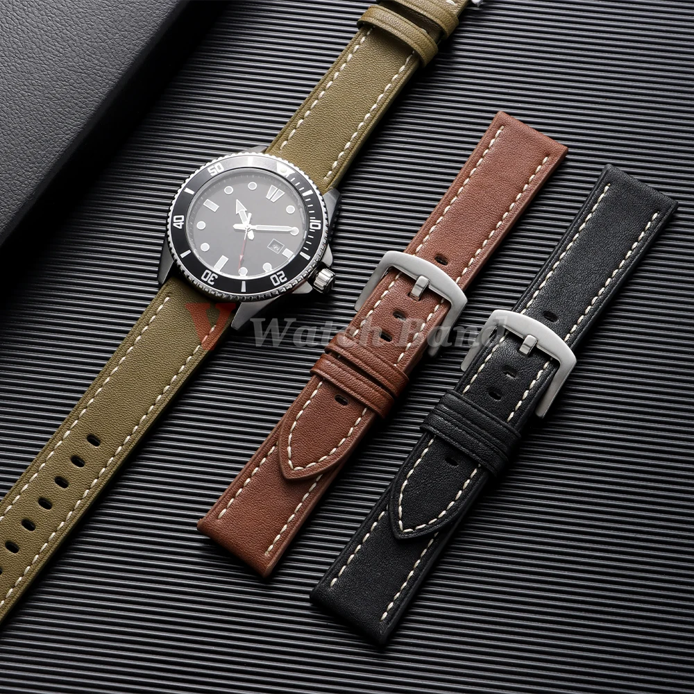 Vintage Retro Cowhide Leather Watch Strap - 22mm Wristband in Crazy Horse Style