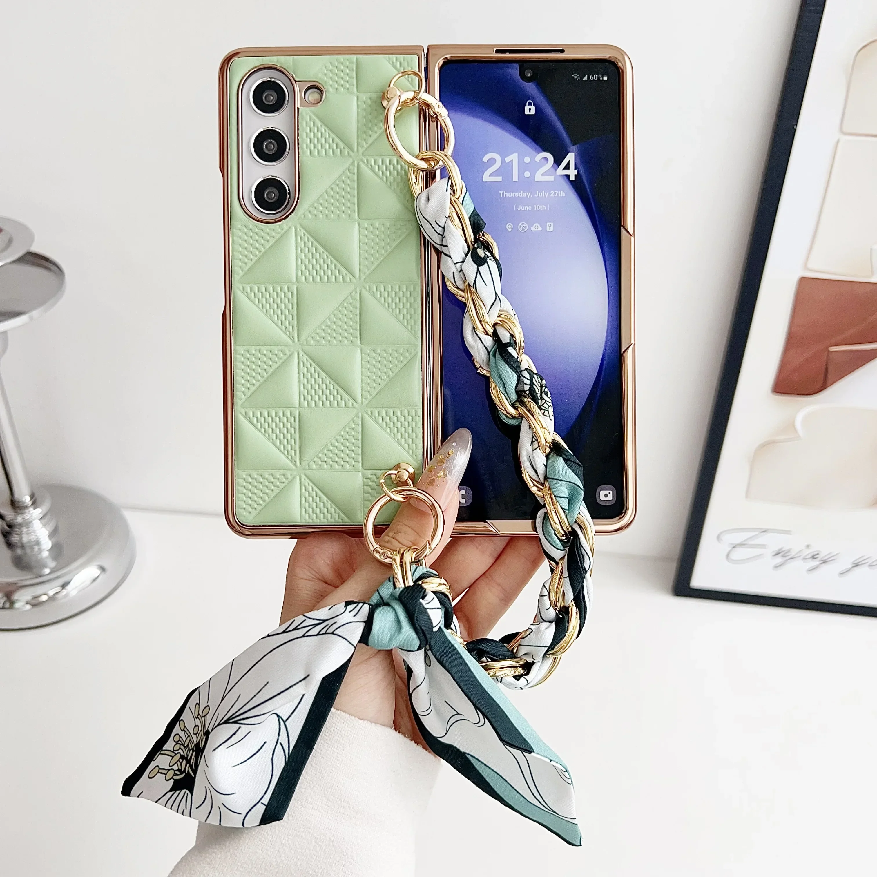 Coque de téléphone en cuir à treillis galvanisé de luxe pour Samsung Galaxy Z Flod 6 5 4 3 5G, étui de protection antichoc à la mode_voghion.com
