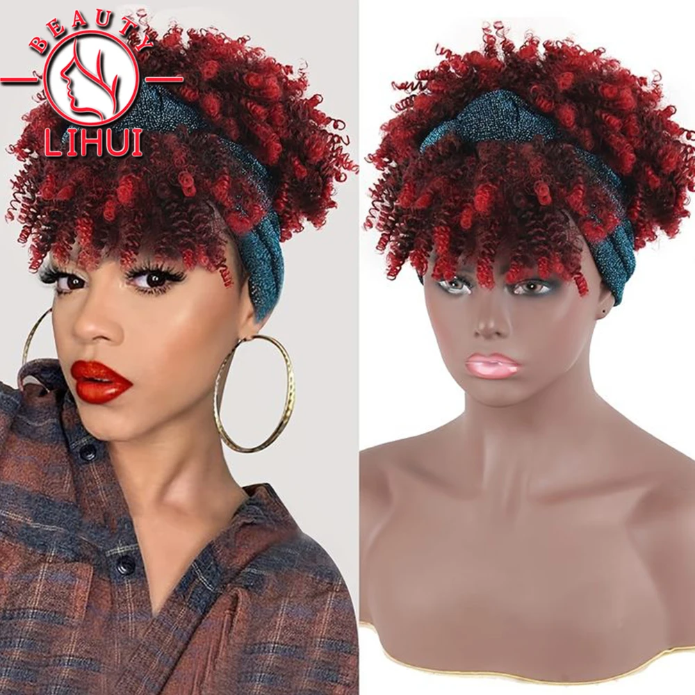 

Короткие кудрявые парики с головной повязкой для черных женщин, афро-вьющиеся черные парики с шарфом, синтетические Натуральные Искусственные волосы для ежедневного использования