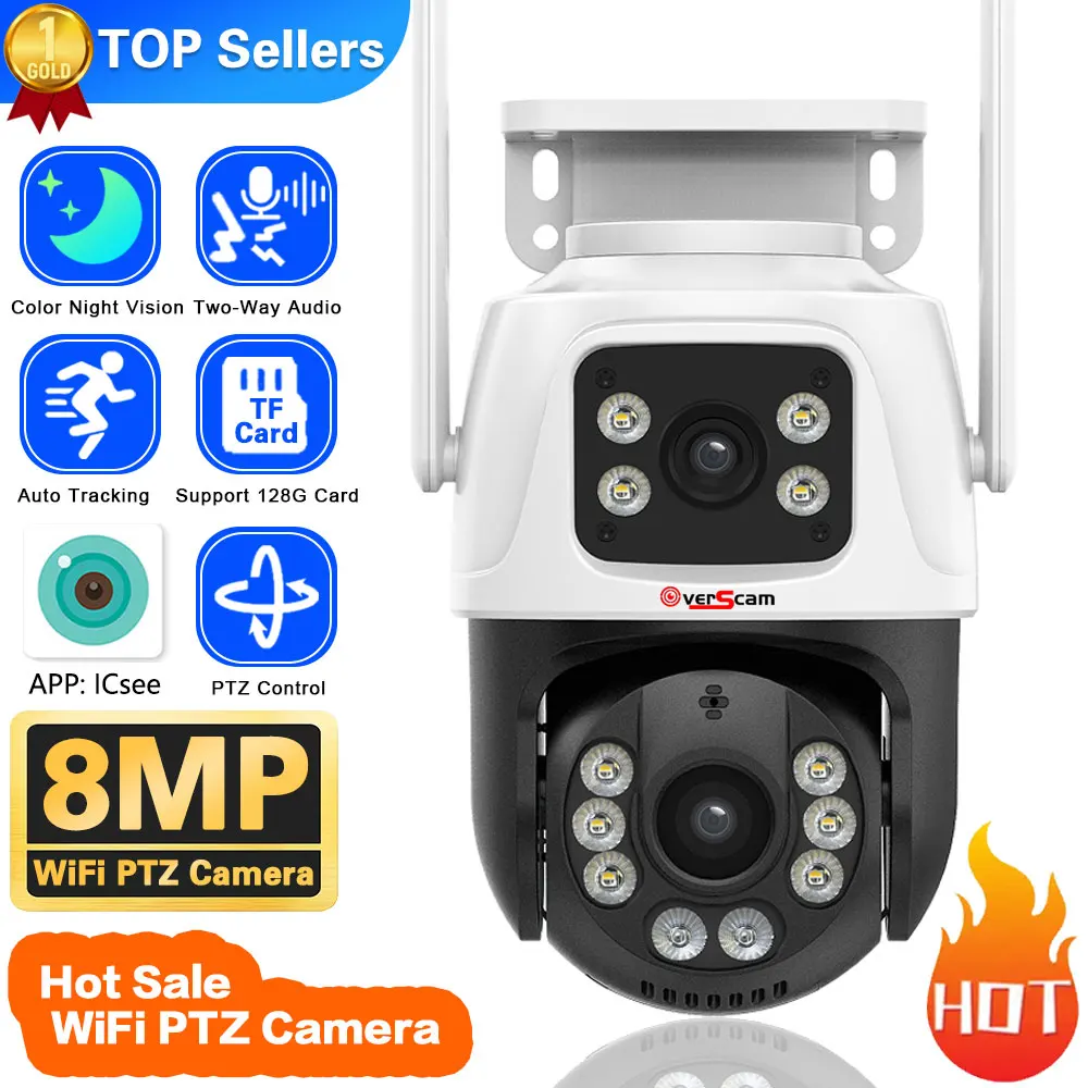 

8MP 4K PTZ WIFI Camera Dual Lens Dual Screen AI Human Detect Auto Tracking Smart Wireless Outdoor Surveillance Camera iCSee App