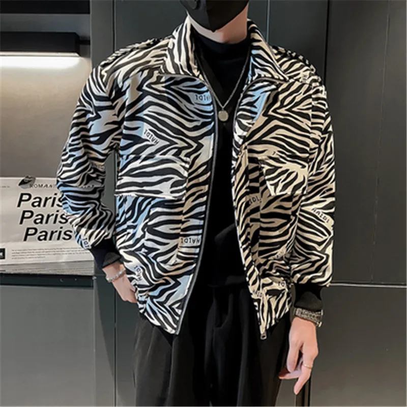 

Spring Jacket Men Zebra Printed Streetwear Turn-down Collar Long Sleeve Coat Korean Casual Bomber Jacket Male Jaqueta Couro