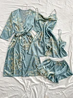 Summer irregular cherry print comfortable bathrobe and halter shorts sexy women's pajama four-piece set - Image 3