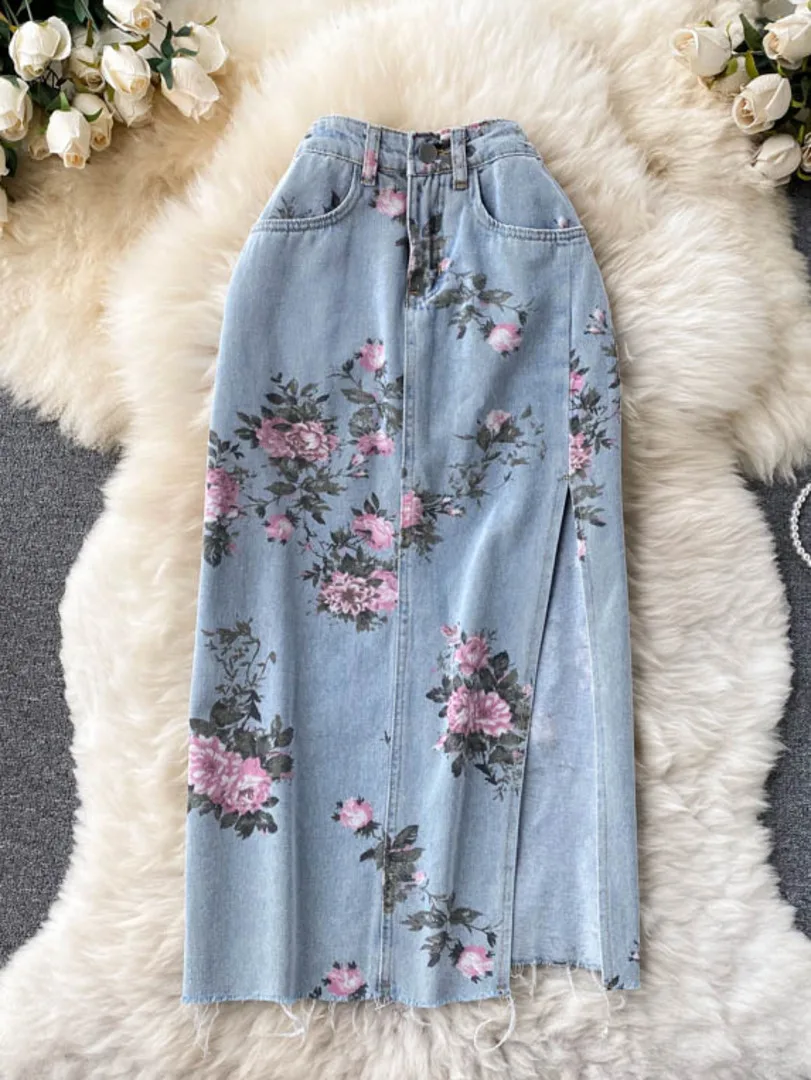 Flowers Print Jeans Women Vintage High Waist Denim Long