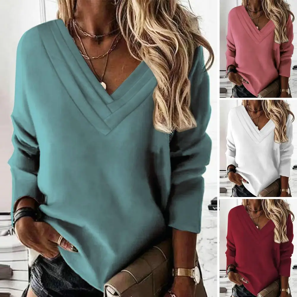 Solid Color Blouse Multi-layered V Neck Solid Color Women's Fall Winter Top Thick Warm Long Sleeve Soft Breathable Loose