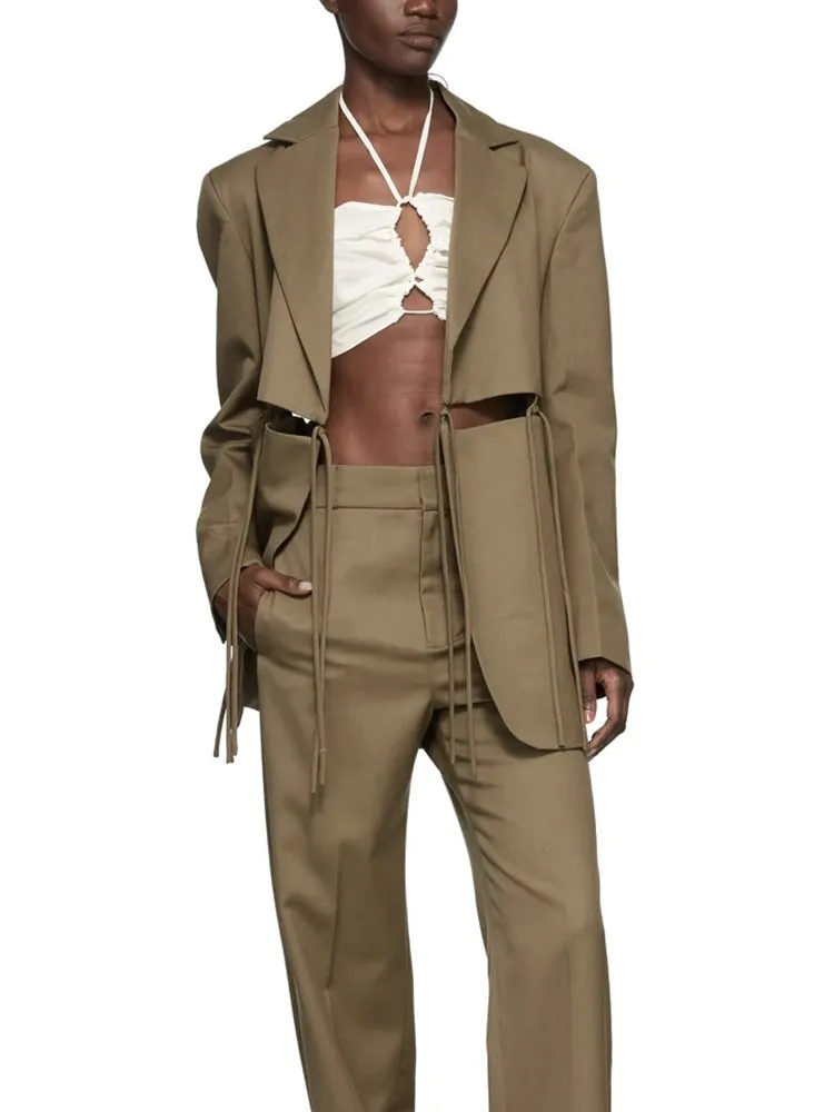 BPN Soild Hollow Out Blazer For Women Notched Collar Long Sleeve Patchwork Lace Up Casual Loose Blazer Female Fashion New Style