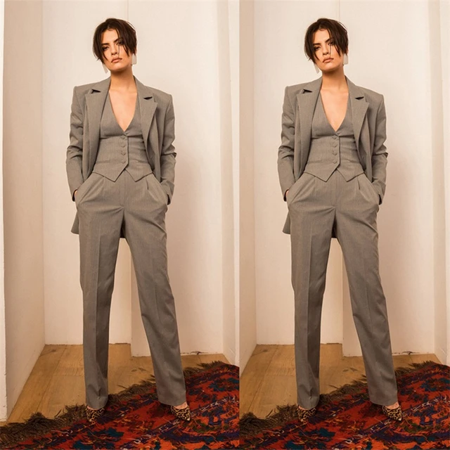 Handsome Pinstripe Women Suits Notched Lapel Fashion Vest Pants Loose  Jacket 3 Pieces Young Blazer Girl