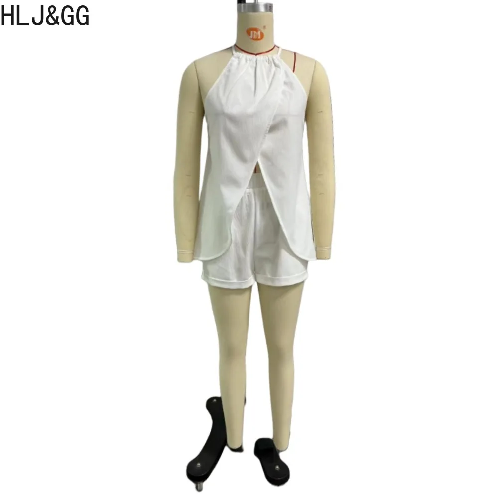HLJ&GG Elegant Lady Solid Slit Hollow Two Piece Sets Women Halter Bandage Sleeveless Top And Shorts Outfits Female 2pcs Clothing