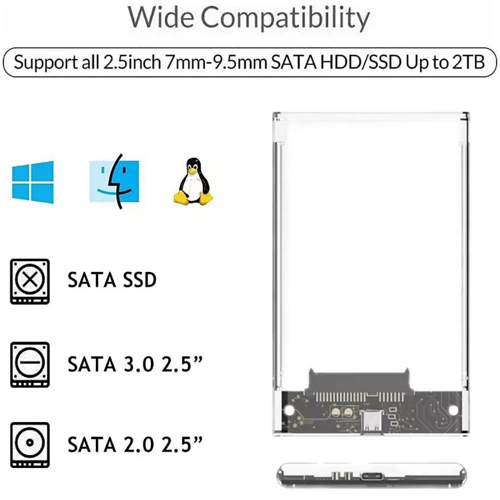 2.5-Inch SATA to USB 3.0 External Hard Drive Enclosure,Portable Clear Hard Disk Case for 2.5 Inch 7mm 9.5mm SATA HDD SSD, Suppor