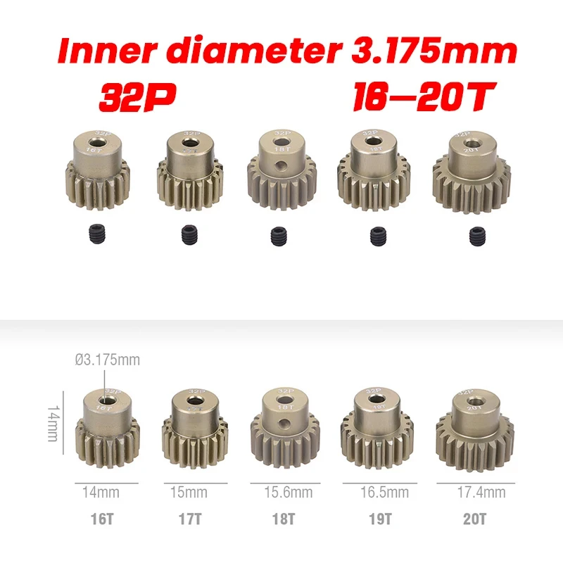 32P 3.175mm 12T 13T 14T 15T 16T 17T 18T 19T 20T 7075 알루미늄 합금 금속 피니언 모터 기어 1/10 RC 모델 자동차 모터