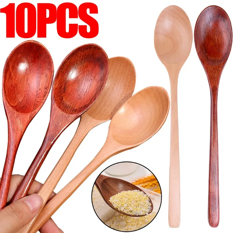 Wooden Spoon 1-10PCS Wooden Spoon Long Hand Cooking Scoops Stirring Soup Spoons Coffee Dessert Honey Stir Teaspoons Kitchen Tableware Sets