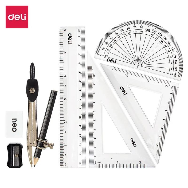 Deli 8pcs/Lot Drafting Set Precision Measuring Tool EG30505 deli 4 pcs lot ruler set square triangle ruler transparent precision measuring tool 9597