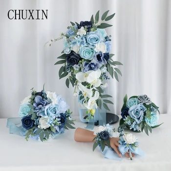 Nastro di raso per bouquet da sposa, rosa blu, orchidea, foglia di salice verde, corpetto dello sposo, fiore da polso della damigella d'onore, matrimonio
