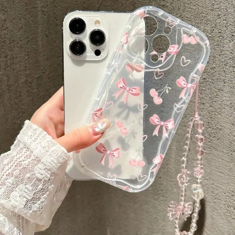 Cute Clear Phone Case with Pink Bow and Lanyard Cover