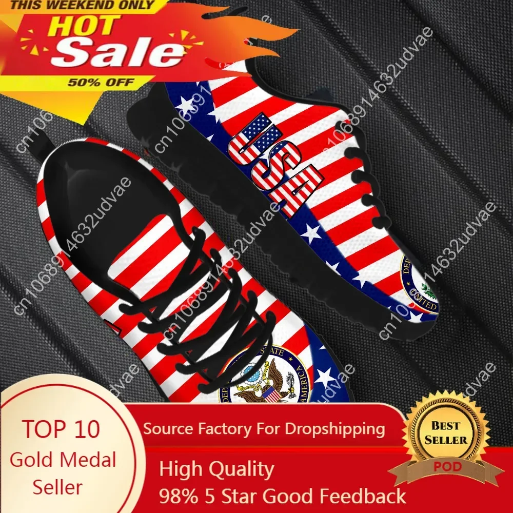 American Independence Day Round Toe Mesh Sneakers Non-Slip Flats Casual Running Shoes For Womens Mens USA Flag Tennis Shoes Gift