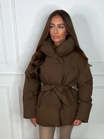 Manteaux courts marron à col montant pour femme, couleur unie et épais, élégants, nouvelle collection hiver, vestes bouffantes solides, Streetwear pour dames 2