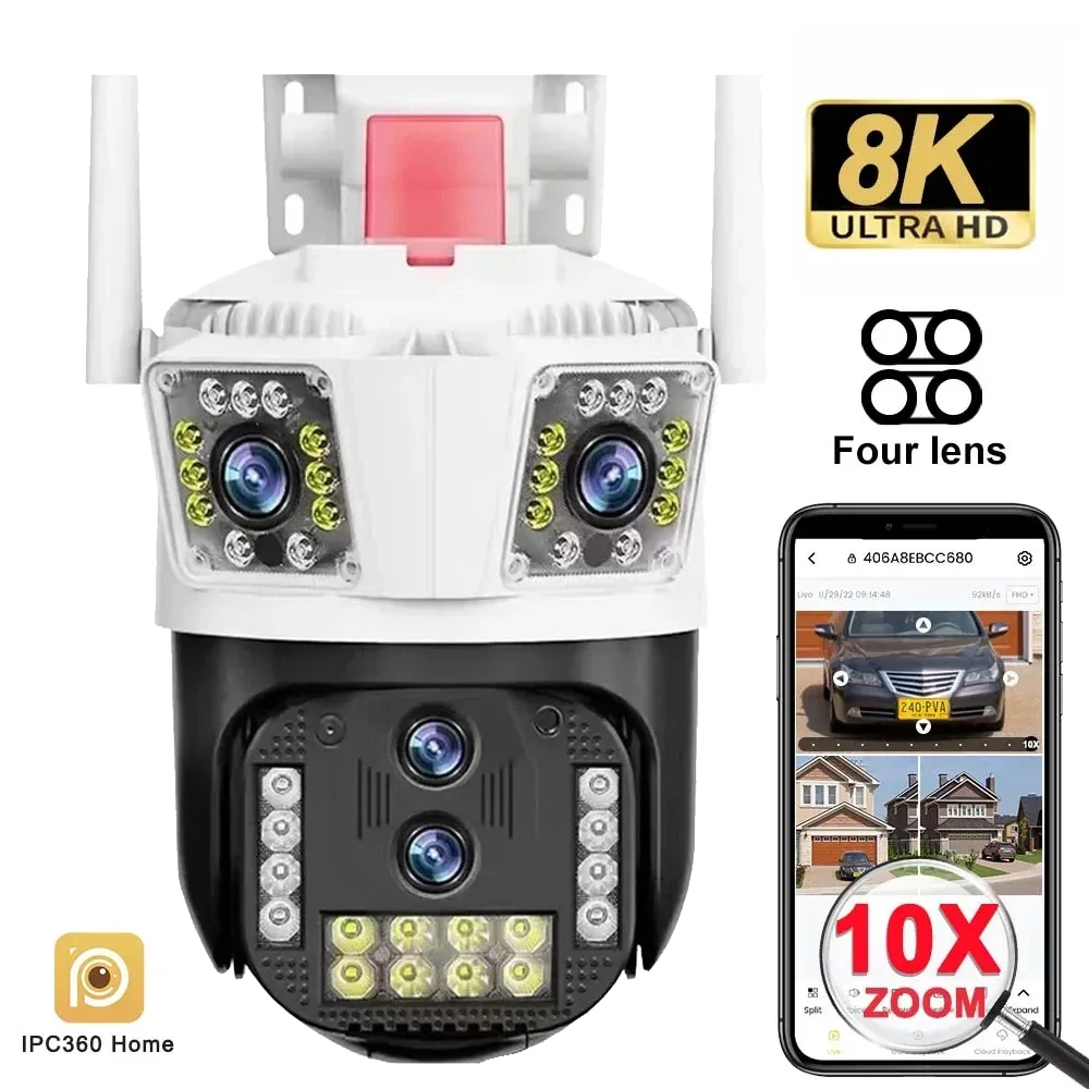 IPC360 HOME 8K 16MP 4 Lens 3 Screens 10X Zoom Auto Tracking Two Way Audio Color Night Vision Waterproof Security Camera System