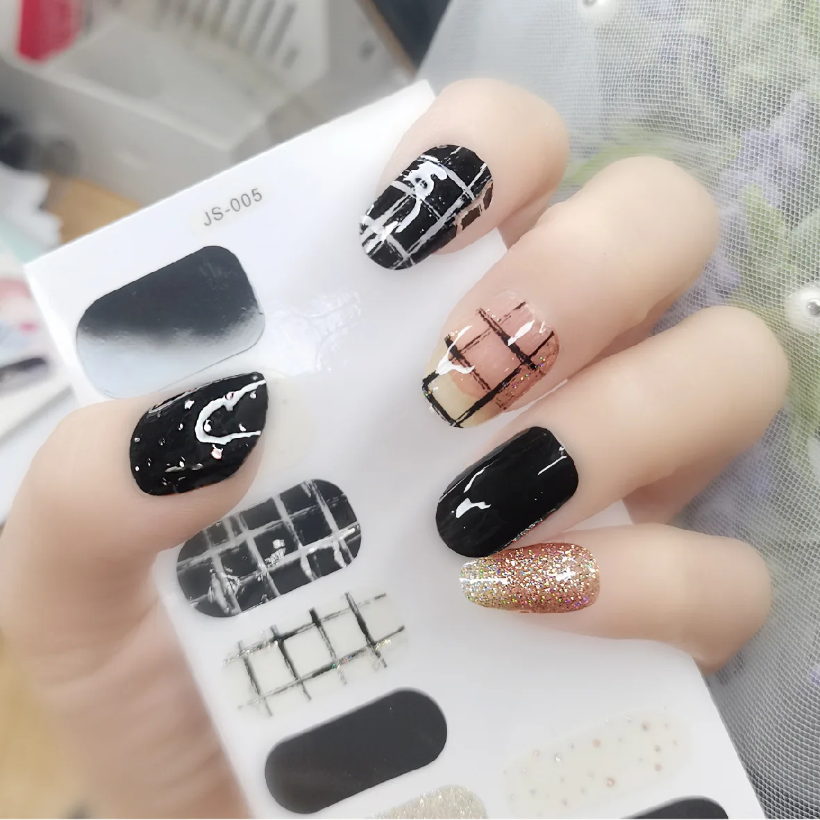 Designer nails. Sculpted fiber gel black & gold nails.Chanel