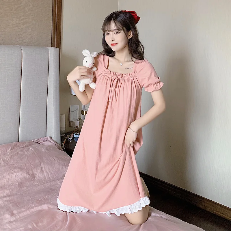 Lace Nightgown Sleepwear Womens Korean Ruffles Night Dress Lace One Piece Pajamas Autumn Long Sleeve Square Collar Home Wear New