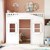 Full Size Loft Bed with Safety Guardrail for Kids Boys Girls, Playhouse Design Solid Wood Loft Bed Frame with Ladder and Windows 1