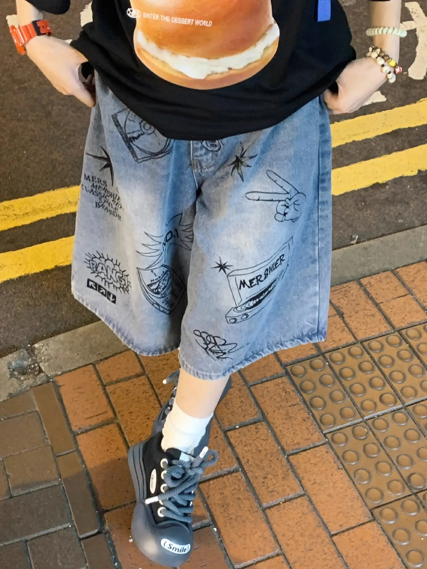 American retro cropped men jeans Shorts Y2k Gothic washed loose straight casual couple Denim shorts sweatpants w864