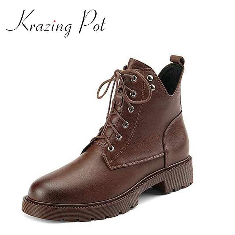 

Krazing Pot Genuine Leather Round Toe Med Heels Modern Boots Thick Bottom Office Lady Cross-tied Big Size 43 Rivets Ankle Boots