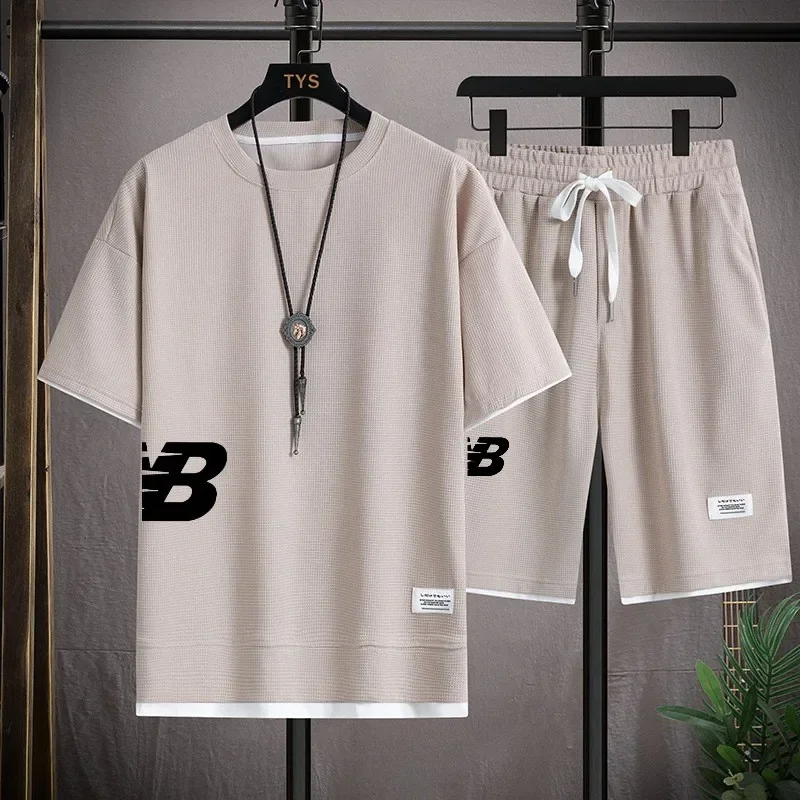 

Summer Sets Men's T-shirt + Shorts Suit Brand Short Sleeve Set Printed Waffle Cotton Tshirts Jogging Sweatpants Male Sport Suit