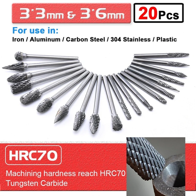 Rotary File Burr 20pcs Tungsten Carbide Rotary Point Burr Die Grinder Shank Set 3*3mm & 3*6mm