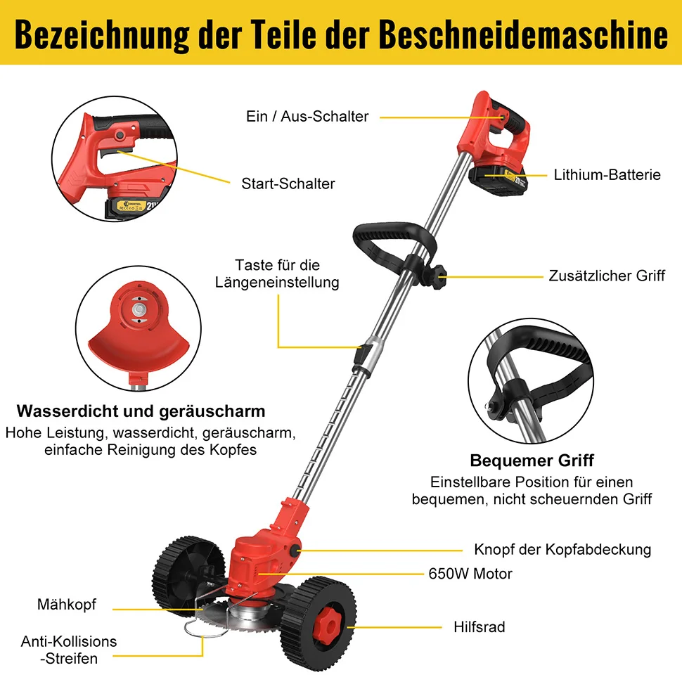 Conentool Elektrischer Rasenmäher, handgehaltener, längenverstellbarer Schneider, kabelloser Garten-Grasschneider für Makita 21 V-Batterien – Detail 2