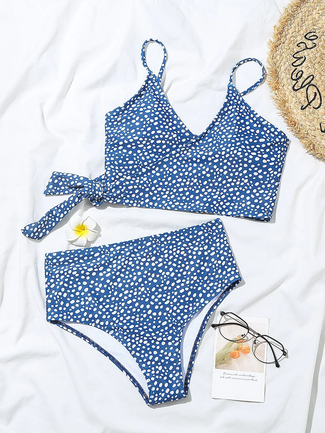 Women's green polka dot bikini swimsuit stitching detail