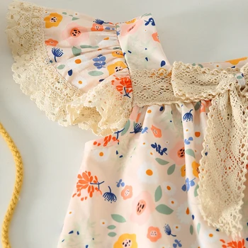 Girls Sleeveless Floral Print Lace Patchwork Princess Dress Toddler Baby Summer Fashion Casual Dress Fly Sleeve 3