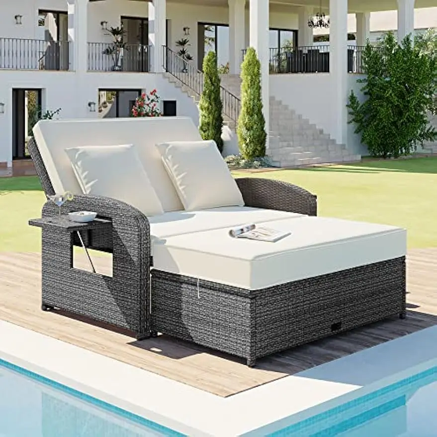 

PRNDOLE Patio Sofa Outdoor PE Wicker Rattan Double Chaise Lounge,Reclining Daybed with Adjustable Back,Cushions and Furniture